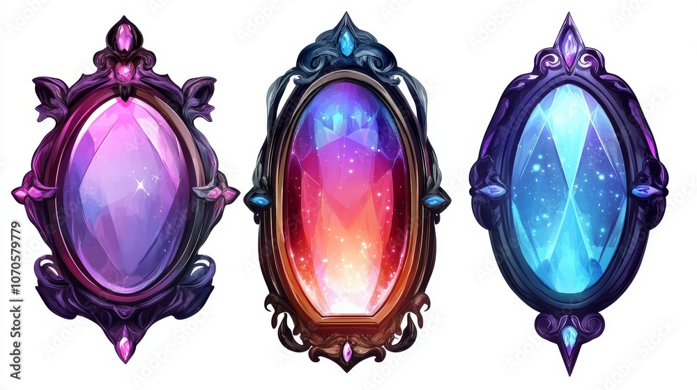 Set. Magic mirrors in a frame for the design of the game interface. On ...