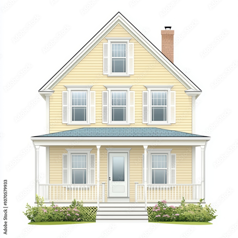 Charming yellow house with a porch, surrounded by greenery, isolated on a white background. Charming yellow house with a porch, surrounded by greenery, isolated on a white background.