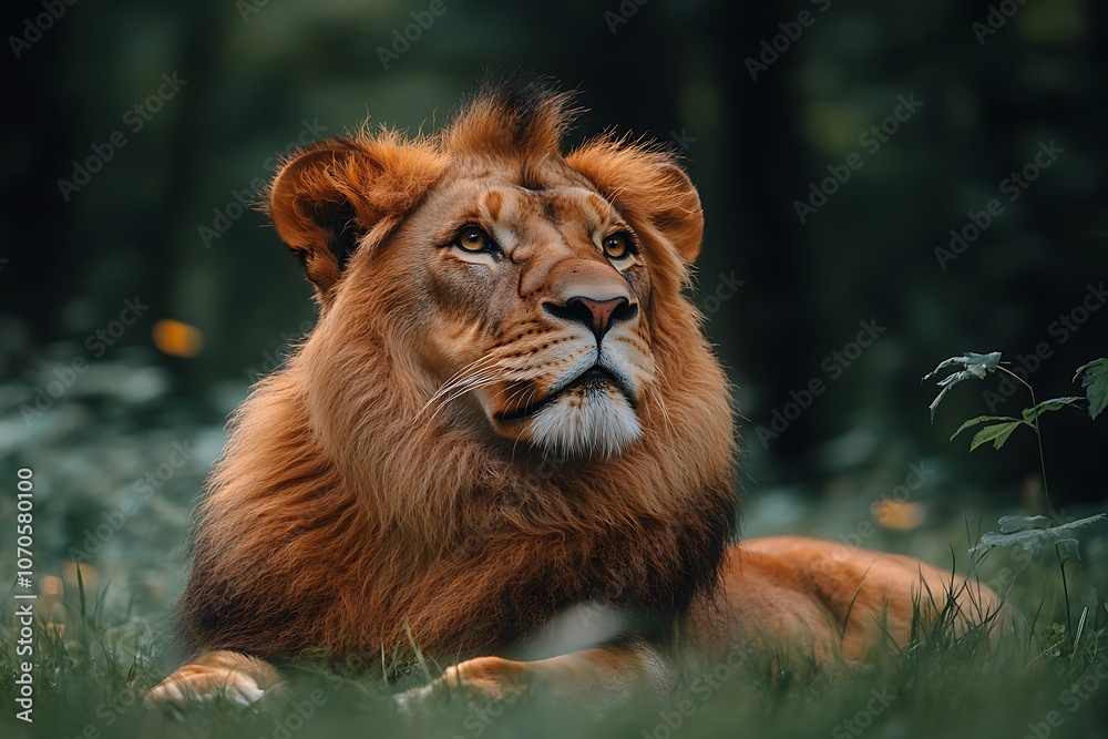 Majestic Lion with Golden Fur, Resting in Green Foliage Majestic Lion with Golden Fur, Resting in Green Foliage