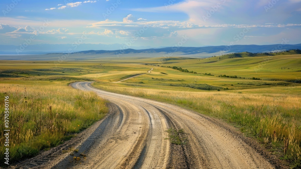 Open Range. Gravel Road Intersection in Beautiful Grassland Countryside Open Range. Gravel Road Intersection in Beautiful Grassland Countryside