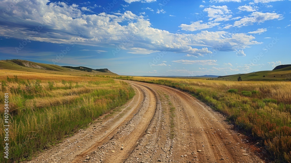 Open Range. Gravel Road Intersection in Rural Countryside Grassland Open Range. Gravel Road Intersection in Rural Countryside Grassland