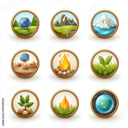 Collection of circular icons representing nature, landscapes, and environmental themes.