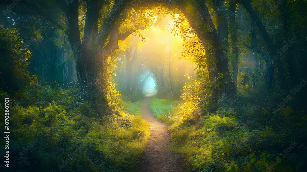 View of a dense, mystical forest with a path running through it. Enchanted. Illustration View of a dense, mystical forest with a path running through it. Enchanted. Illustration