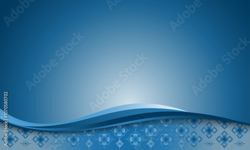 Abstract gradient blue background with Thai ethnic fabric pattern border frame. Designed for text or social media backdrop.