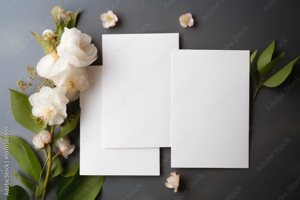 Elegant floral background with blank cards and white flowers for invitations and greeting designs Elegant floral background with blank cards and white flowers for invitations and greeting designs
