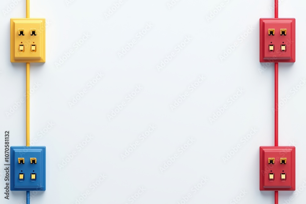 Colorful electrical outlets with cables on a white background for ...