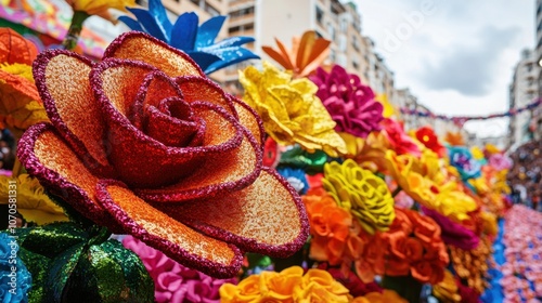 Colorful festival parade with vibrant flower decorations in urban setting Tournament of Roses Parade