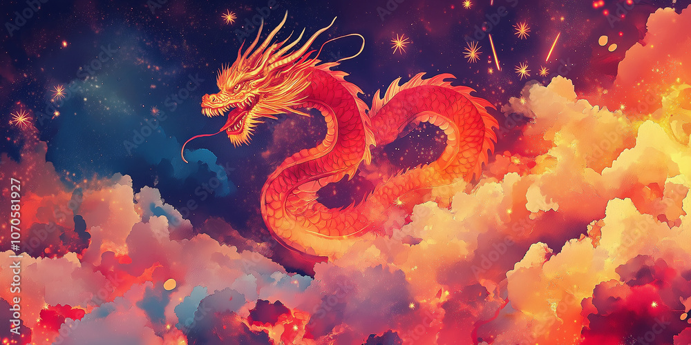 Watercolor style background illustration of a Chinese dragon winding across the sky Watercolor style background illustration of a Chinese dragon winding across the sky