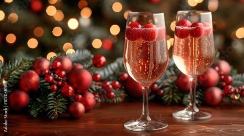 Two elegant champagne glasses filled with bubbly festive drinks and cranberries, set against a beautifully decorated Christmas background with bokeh lights photo