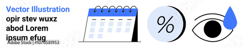 Calendar with spiral binding, percentage symbol in a circle, eye icon with a blue drop. Ideal for scheduling, health, analytics, reminders, visual aids, education, time management. Landing page