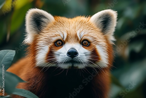 Red Panda Gazing Through Lush Foliage photo