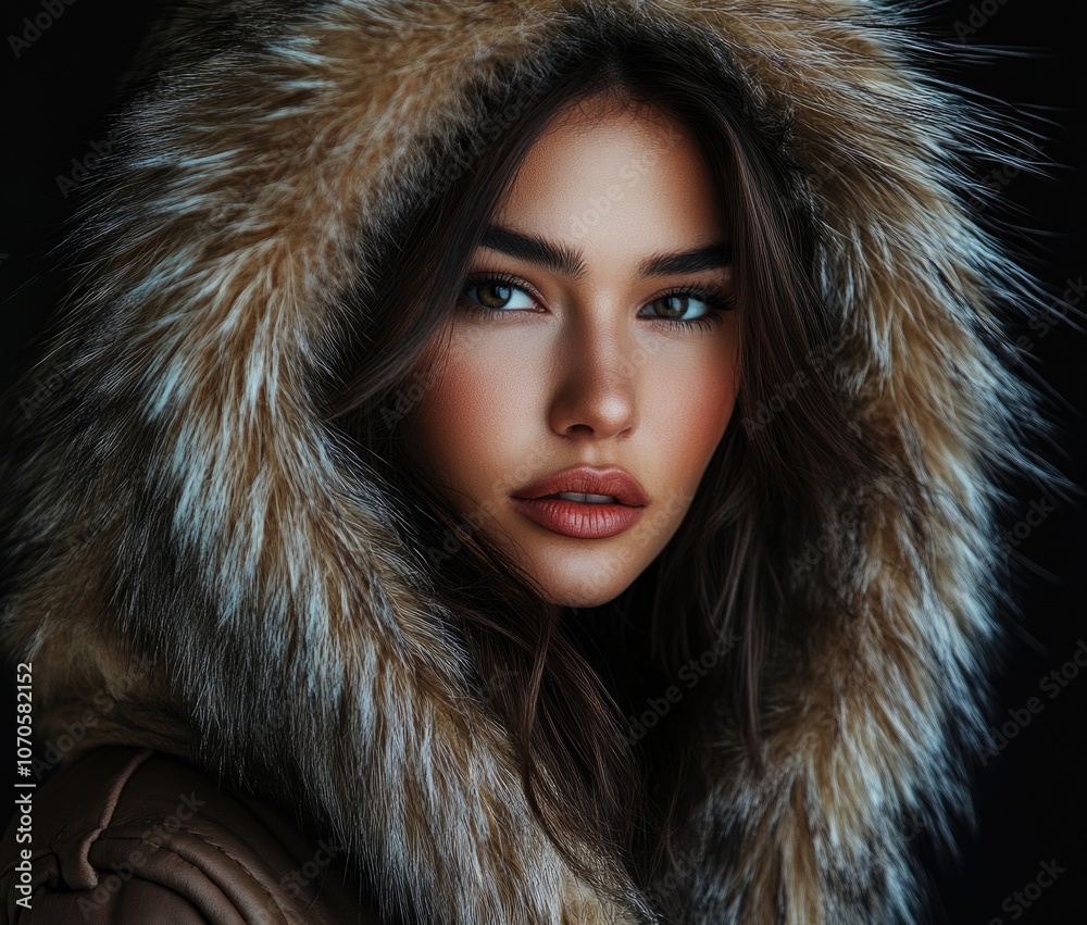 Fashion portrait of a young female model wearing a luxurious mink fox jacket with a hood. Fashion portrait of a young female model wearing a luxurious mink fox jacket with a hood.