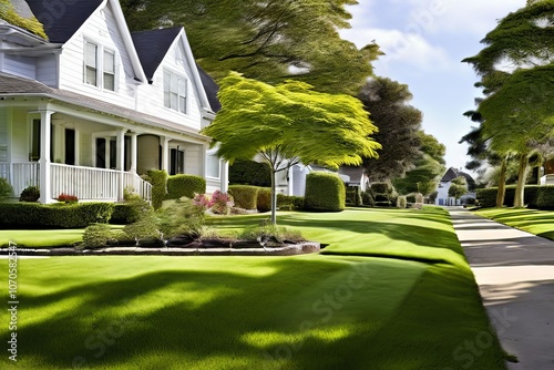 a quiet suburban street with well manicured lawns and a white pi photo