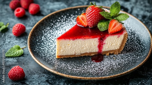 Delicious New York Cheesecake Slice on Elegant Plate photo