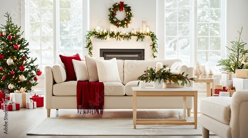 A cozy holiday living room featuring a decorated Christmas tree, festive decor, and a warm, inviting sofa.