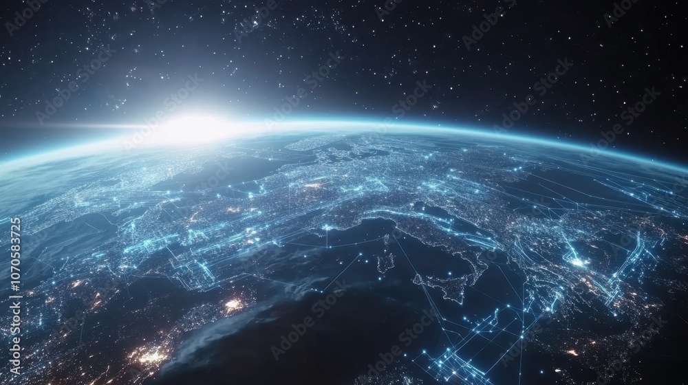 Fototapeta premium Earth from space at night with glowing city lights and emerging sunrise GIS Day