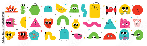 Funny cartoon characters mascots in trendy retro style and different geometric shapes. Hand drawn abstract funny cute comic characters sticker pack. Diversity concept.