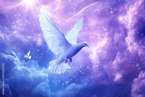 White doves soaring through a starry, ethereal sky with purple and blue clouds, symbolizing peace, freedom, and spirituality in a heavenly atmosphere