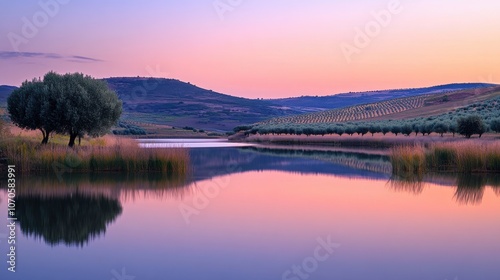 A serene evening at Alqueva Dam with reflective waters, olive groves, and hills during the tranquil dusk hours