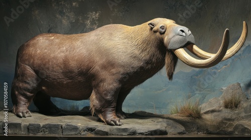 Majestic woolly mammoth diorama in natural museum exhibit Alascattalo Day photo