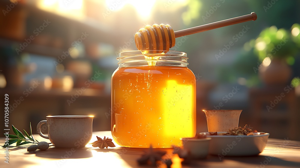 A jar of honey with a wooden honey dipper, a teacup, and star anise on a wooden table. A jar of honey with a wooden honey dipper, a teacup, and star anise on a wooden table.