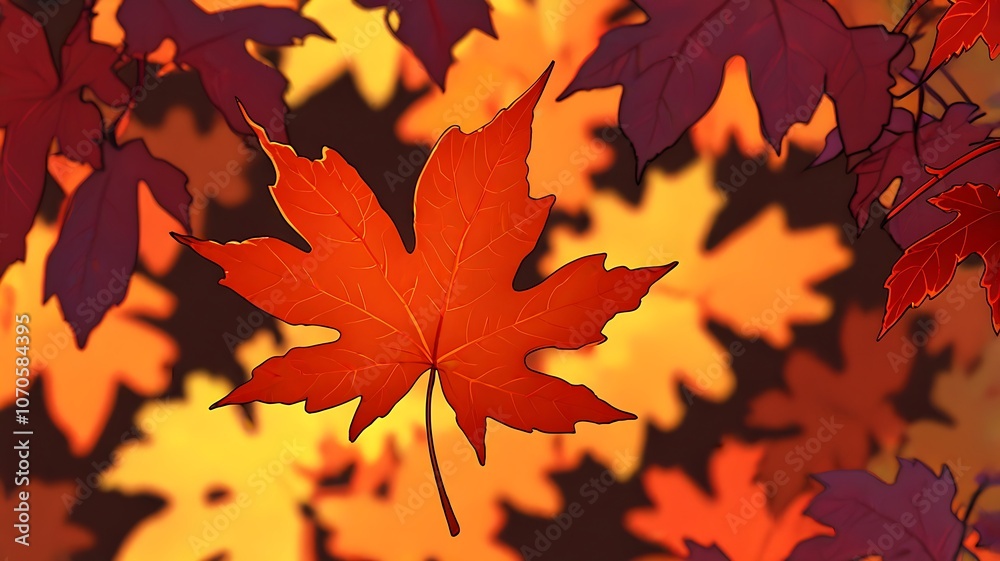 A single vibrant red maple leaf stands out against a backdrop of blurred autumn leaves in shades of orange and yellow. A single vibrant red maple leaf stands out against a backdrop of blurred autumn leaves in shades of orange and yellow.