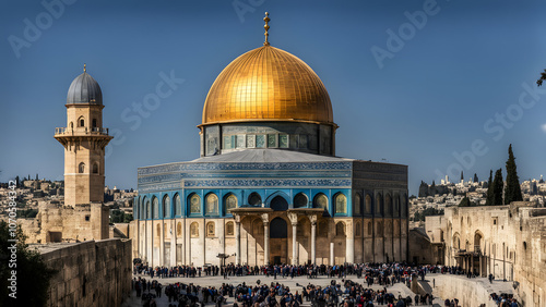 Al aqsa mosque in Jerusalem a captivating view of the dome of the rock with its golden dome shining, Ai Generated