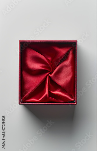 Red gift box, red silk lining the open square packaging, top view, plain background, minimalist style