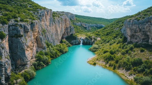 Serene turquoise river meandering through rocky canyons and lush greenery under a bright sky in a tranquil natural setting