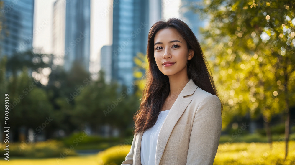 Business portrait of a confident professional standing outdoors in a city park with modern buildings in the background Business portrait of a confident professional standing outdoors in a city park with modern buildings in the background