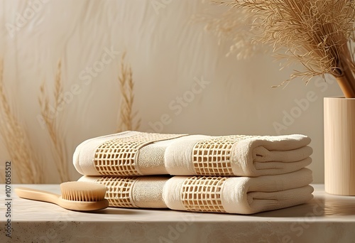 Soft creative tovels struck alongsde natural decor elements in and serenye bathroom setting photo