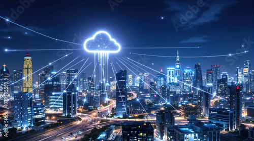 Wallpaper Mural Glowing Cloud Icon Linking Skyscrapers and Self-Driving Vehicles in Futuristic City Torontodigital.ca