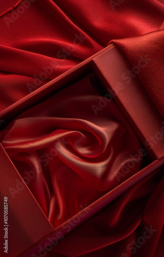 Red gift box, red silk lining the open square packaging, top view, plain background, minimalist style