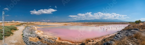 Explore the stunning salt flats of San Pedro del Pinatar with vibrant pink waters and flamingos in a breathtaking landscape photo