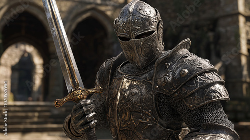 The knight, as the embodiment of military honor and valor, froze in front of the entrance to the castle, clutching the hilt of his sword, ready for battle.