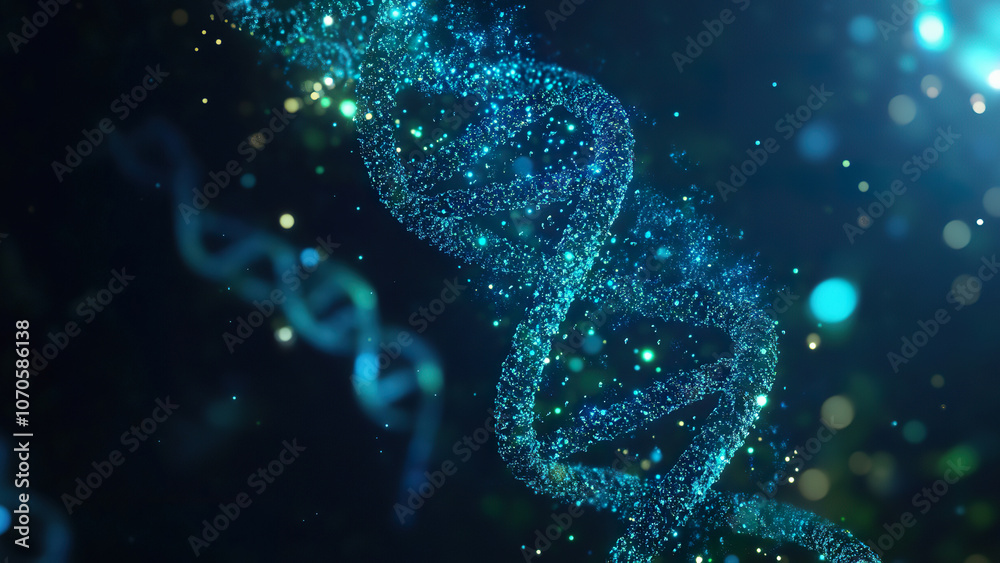 DNA double helix glows in bright blue and green colors, dark background DNA double helix glows in bright blue and green colors, dark background