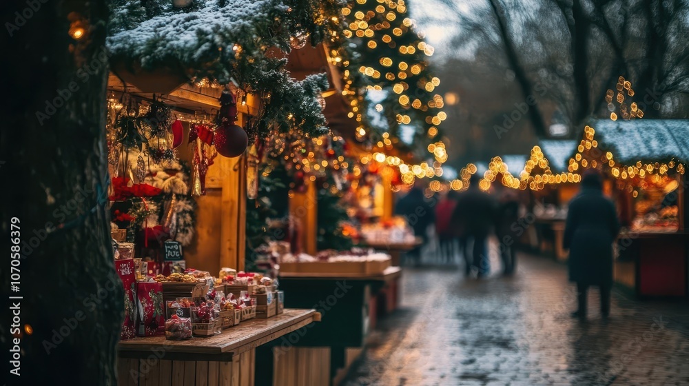 Fototapeta premium A charming holiday market scene with a beautifully decorated Christmas tree, lights twinkling among stalls filled with festive goods and treats