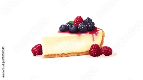 a 2D cartoon illustration of a slice of cheesecake with berries, creamy and delicious, white background--ar 16:9