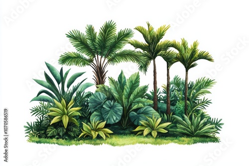 Lush tropical plants featuring vibrant green foliage and diverse textures on a white isolated background.