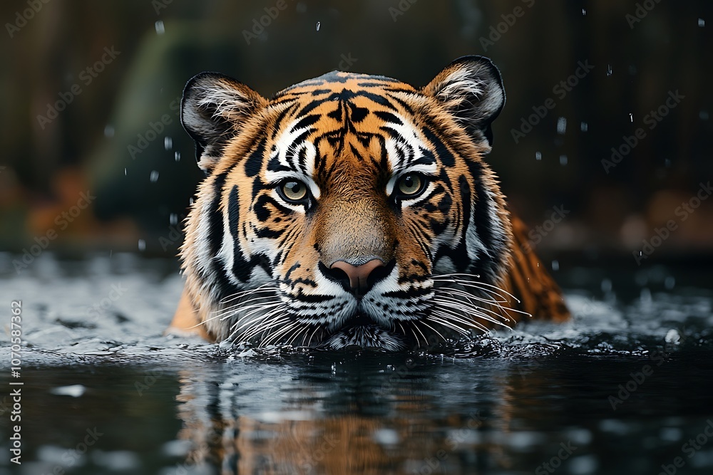 Tiger with Sharp Eyes Emerging from Water Tiger with Sharp Eyes Emerging from Water