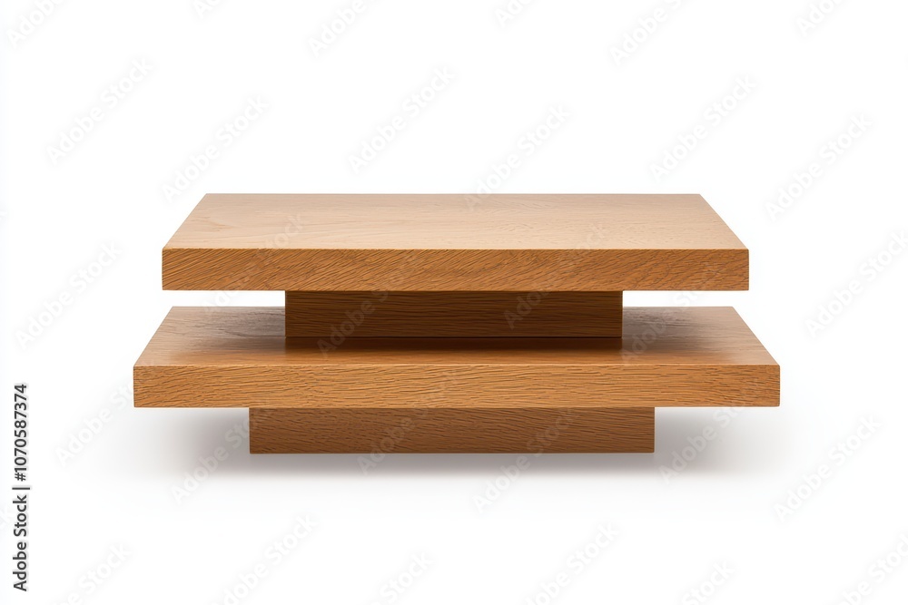 Modern wooden coffee table with a sleek design, featuring layered surfaces on a white background. Modern wooden coffee table with a sleek design, featuring layered surfaces on a white background.