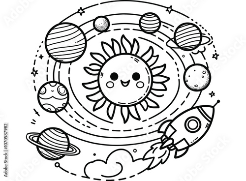 Space planet coloring pages for kids, solar system line art