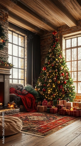 A cozy family room with a fireplace and a lavishly decorated Christmas tree, surrounded by plush rugs and warm blankets inviting relaxation photo