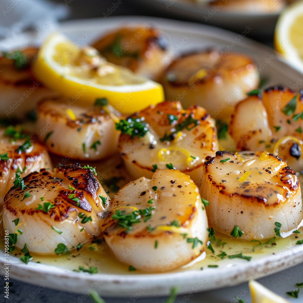 A plate of seared scallops with lemon and herbs. They look delicious and ready to eat A plate of seared scallops with lemon and herbs. They look delicious and ready to eat