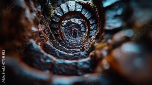 An enchanting spiral staircase made of mossy stones viewed from above, evoking a sense of mystery and historical allure with its textural and visual depth. photo