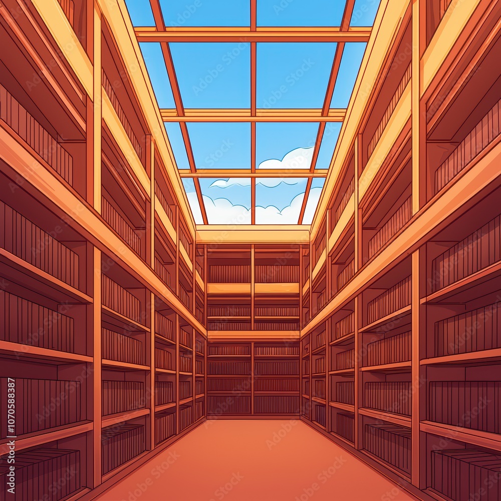 Spacious library interior with wooden bookshelves and skylight, bright blue sky and clouds visible. Spacious library interior with wooden bookshelves and skylight, bright blue sky and clouds visible.