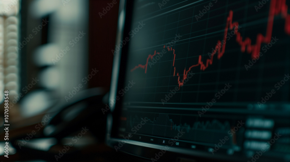 Close-up of digital screen showing downward-trending line graph, symbolizing rate cut in financial markets, economic adjustment concept. Close-up of digital screen showing downward-trending line graph, symbolizing rate cut in financial markets, economic adjustment concept.
