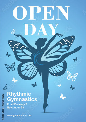 Poster rhythmic gymnastics design for Open day. Silhouette of a flexible girl practicing artistic gymnastics with butterfly wings and small butterflies around. Woman's sports covers. Modern design