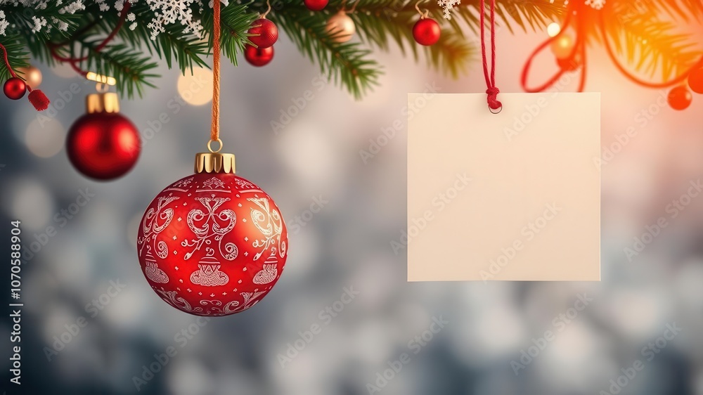 Obraz premium Christmas card with hanging ball decoration on red background, season, holiday