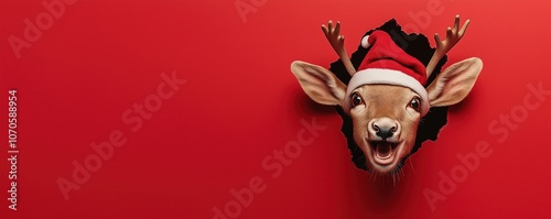 Cute Laughing Reindeer Peeking Through Red Wall Hole, Wearing Christmas Hat, Celebrating Christmas